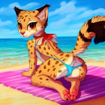 NSFW female cheetah on the beach,  by AI and artists hioshiru, kenket, bloominglynx and so on cover